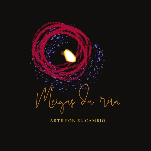 Logotipo de Meigas da Rúa: trazos circulares fucsias y violetas alrededor de una luz, nombre manuscrito dorado y lema Arte por el cambio